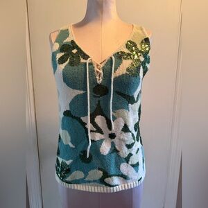 Nine West Sequin Detail Floral Knit Sleeveless Top - Green and Cream MED